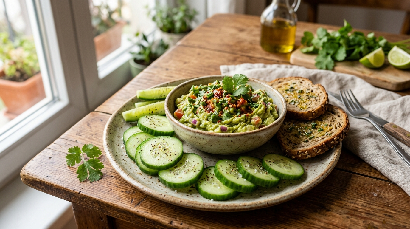 Guacamole namaz od avokada poslužen sa krastavcem