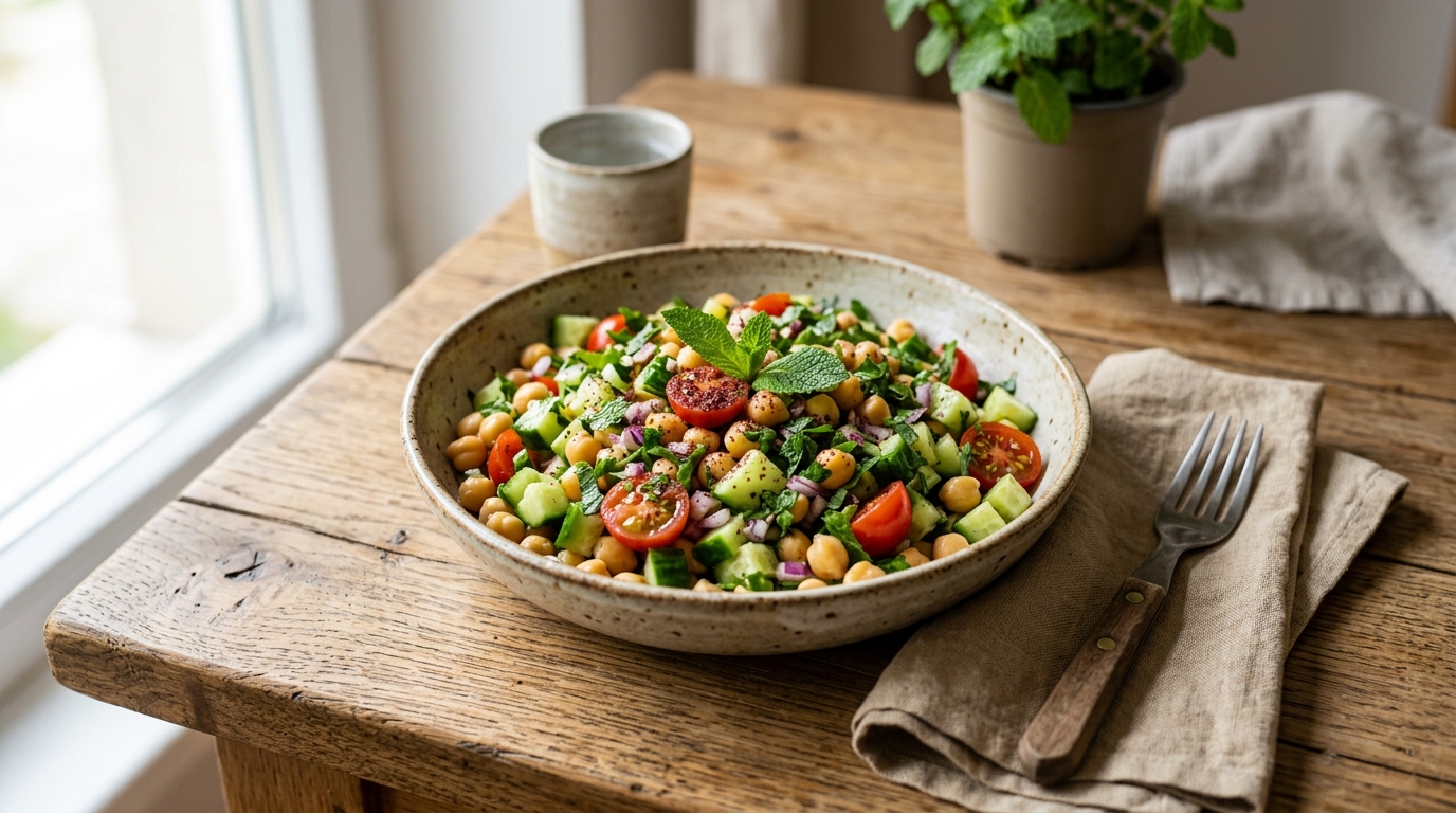 Salata od leblebija, krastavca i paradajza sa nanom