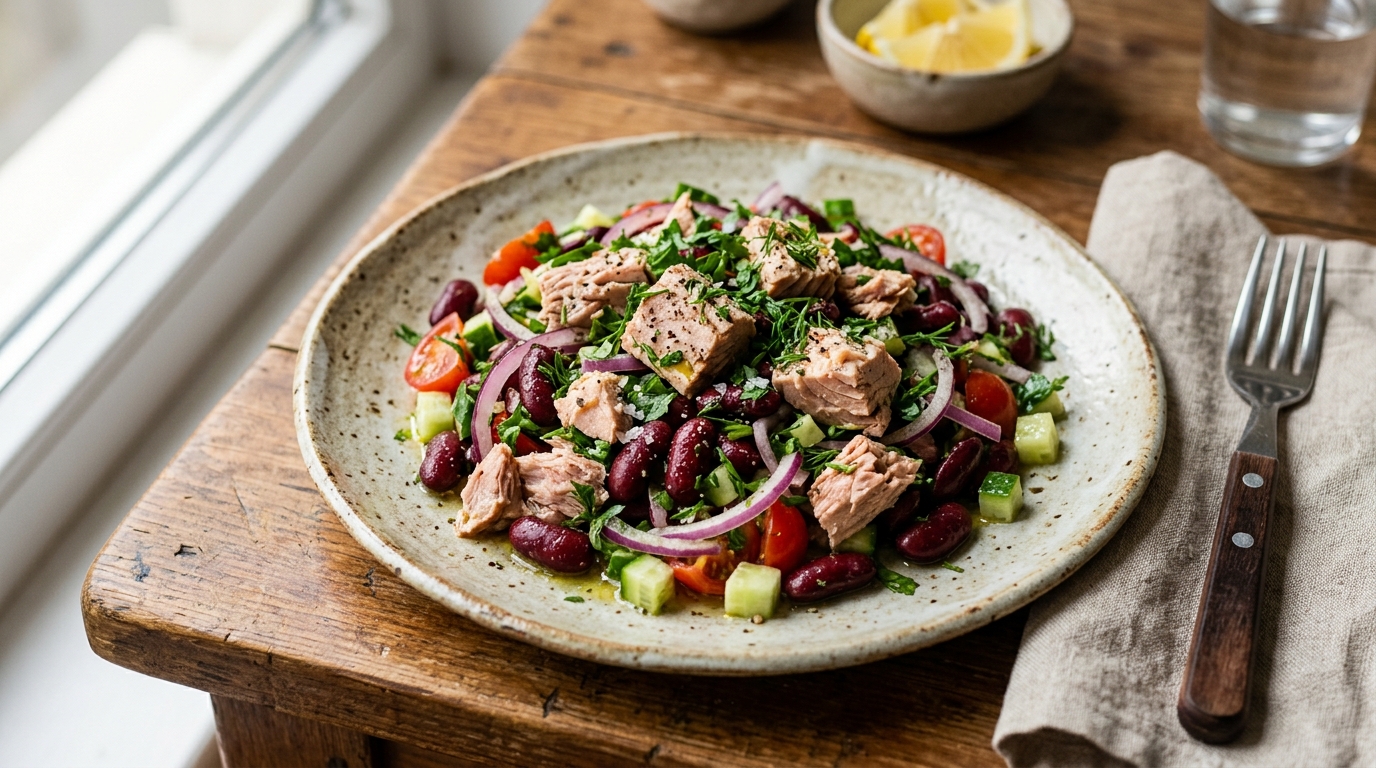 Salata sa tunjevinom, crvenim pasuljem i lukom